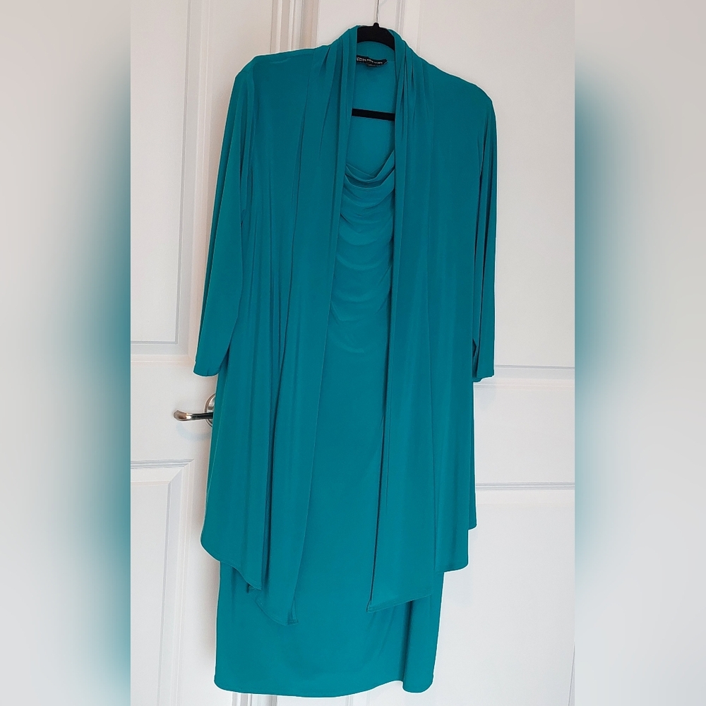Jones New York Teal Sheath Dress Attached Coat Flowy Size 12